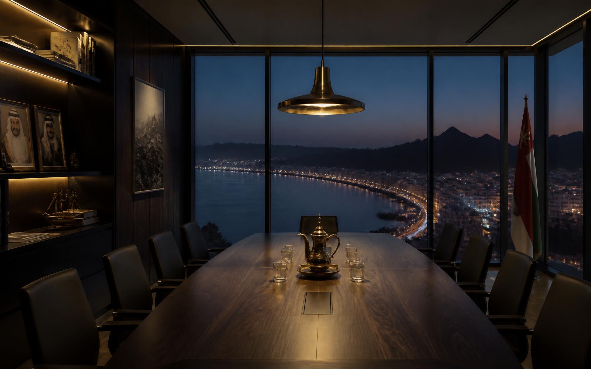 A Muscat boardroom at end of day — long dark table, low lamps, a wall of shelved reference volumes.