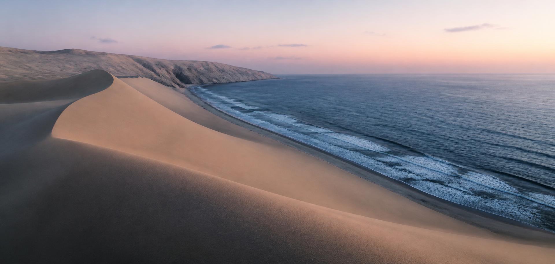 A single dune curves toward the Sea of Oman at soft pastel dawn.