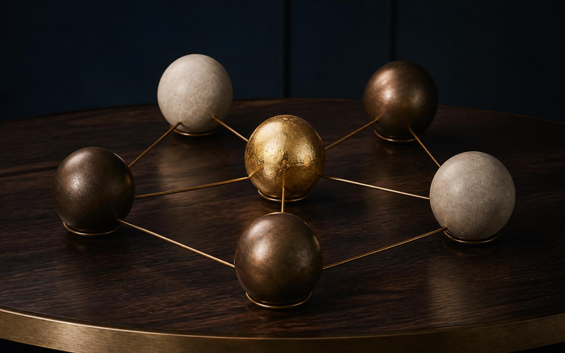Five bronze and limestone spheres connected by brass wires on a dark walnut surface — a physical model of the Gulf Investments operating ecosystem.