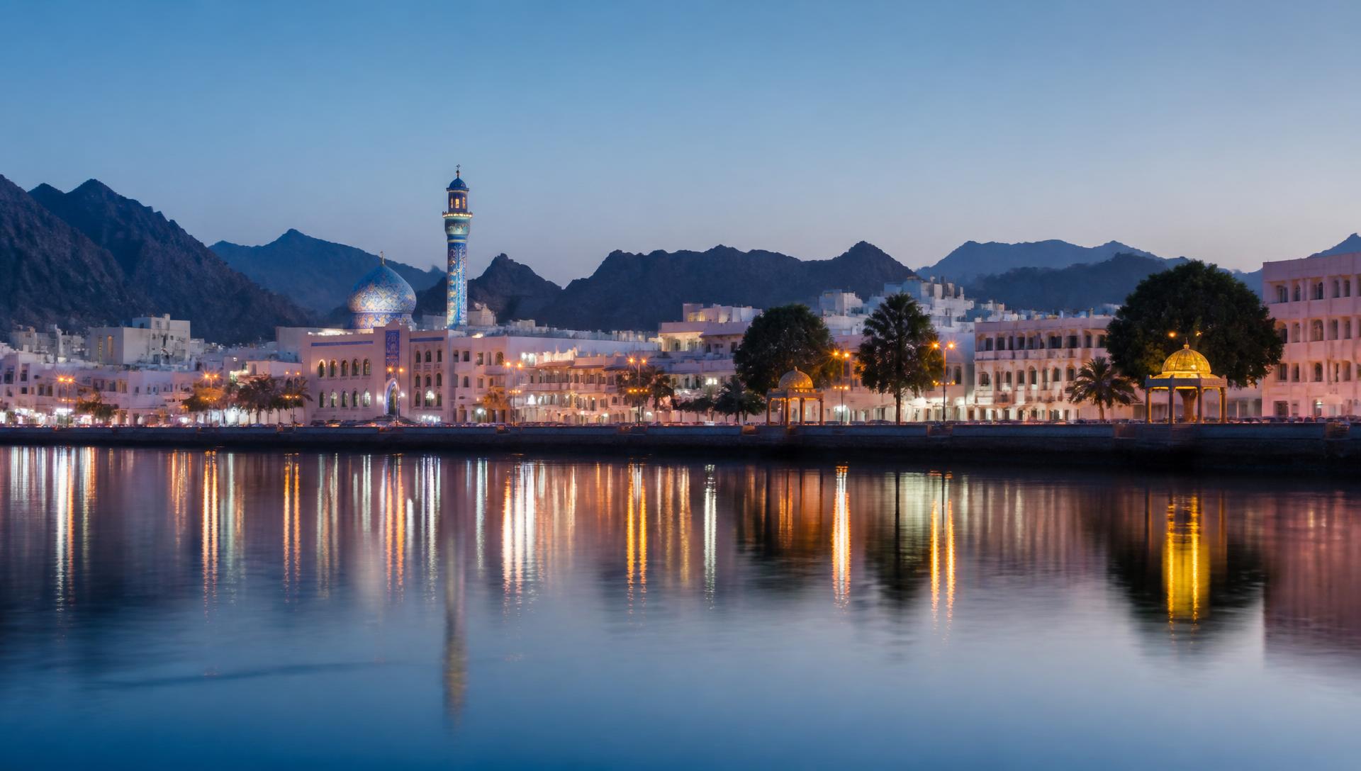 Muttrah Corniche in Muscat reflects warm lantern light on still harbour water beneath the Al Hajar mountains at blue hour.