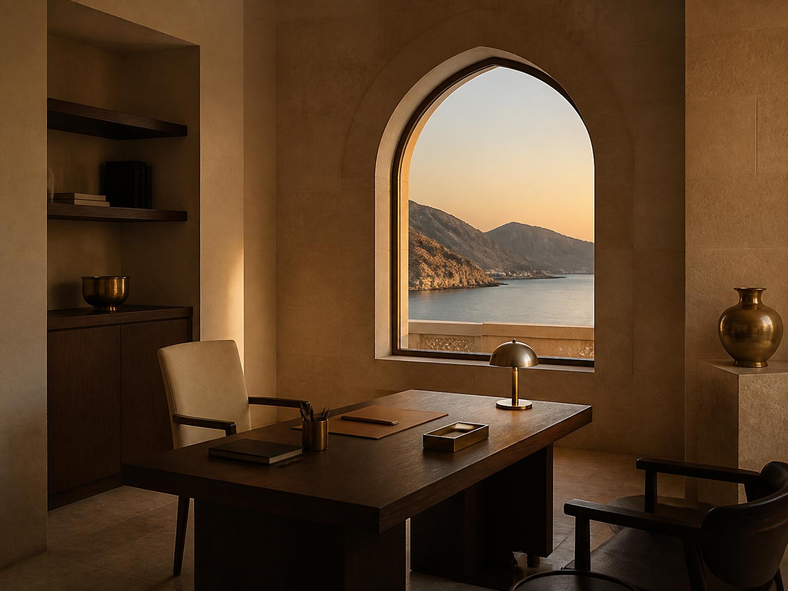 A contemplative Muscat office interior with an arched window opening to the Sea of Oman at golden hour.