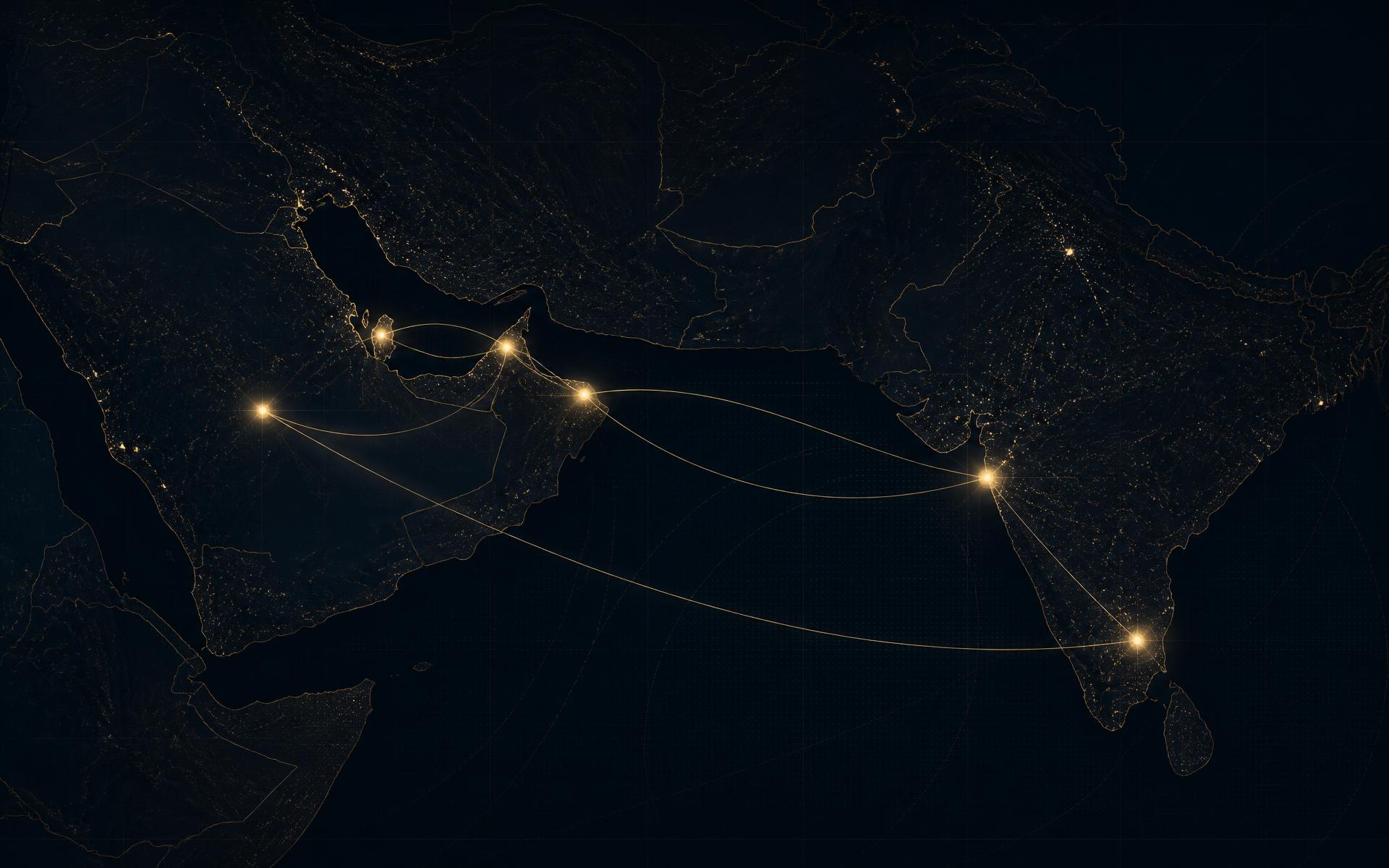 Editorial dark map of the Arabian Peninsula and India showing gold corridor lines connecting Muscat, Dubai, Riyadh, Doha, Mumbai and Bengaluru.